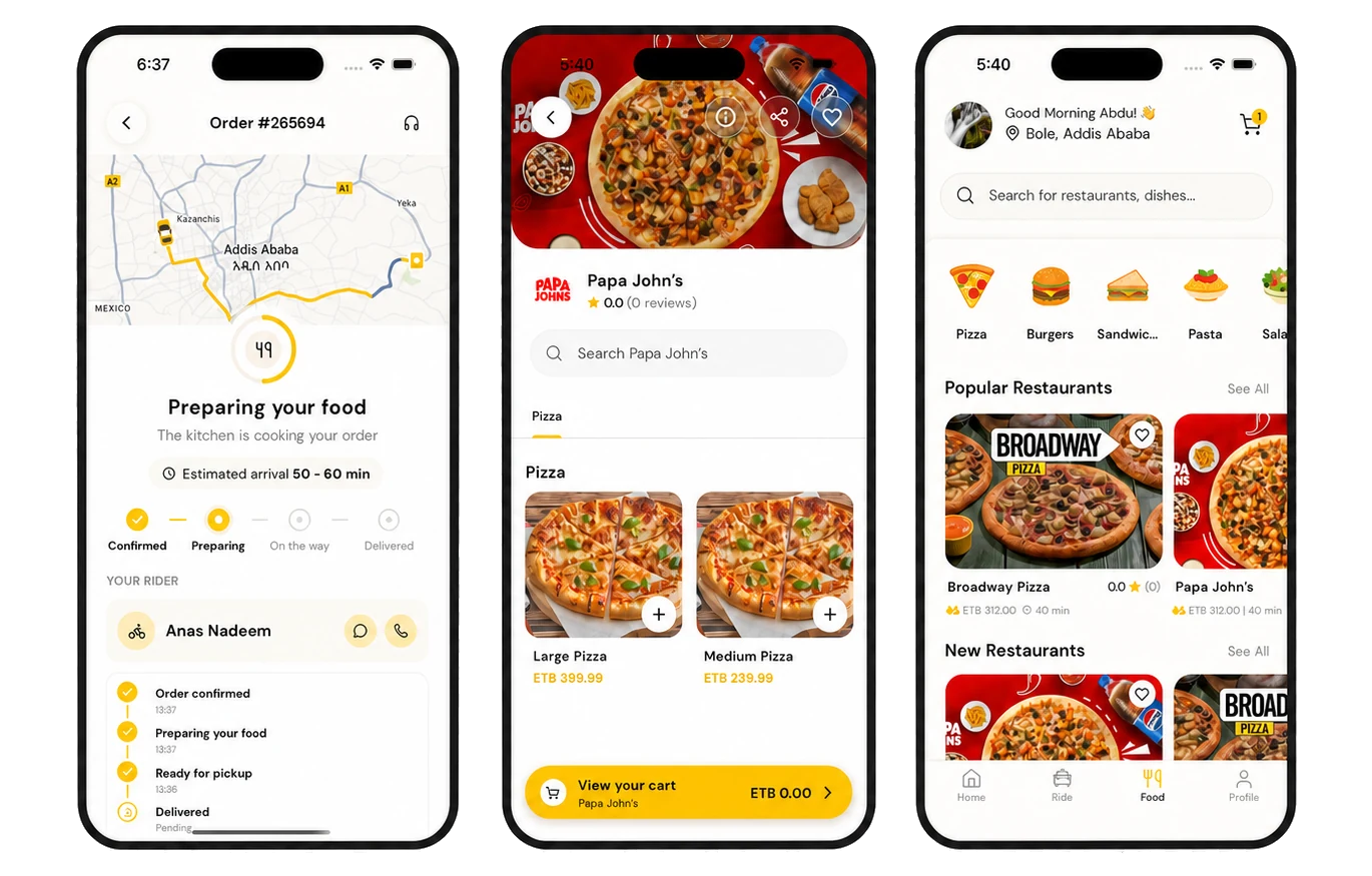 RIDE customer app screens for food ordering, delivery tracking, and restaurant discovery